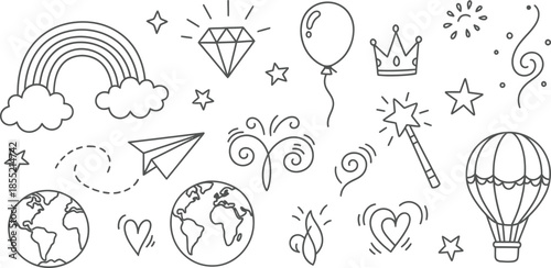 Collection of whimsical line art icons for kids and celebrations rainbow clouds