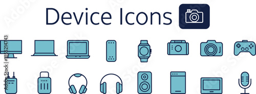 Device, icons, vector, illustration, sketch, outline, monitor, laptop, smartphone, smartwatch, camera, tablet, speaker, microphone, router, gear, gamepad, headset, walkie-talkie