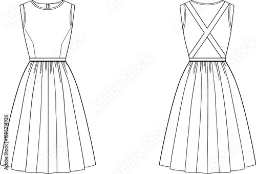 Elegant sleeveless dress designs with cross back and pleated skirt Vector