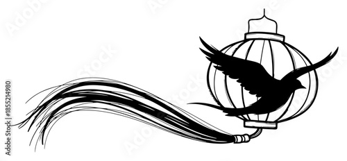 Swallow Flying Around Chinese Lantern Vector – Graceful Bird with Flowing Tassels, Festive Asian Mid-Autumn Decoration Silhouette Illustration