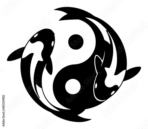 Yin Yang Orca Vector – Pair of Killer Whales Forming Tao Symbol, Bold Black White Silhouette for Ocean Conservation Logo, Tattoo or Nautical Design