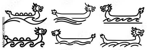Dragon Boat Silhouette Set Vector – Six Stylized Racing Canoe Outlines with Waves, Dynamic Asian Festival Icon Collection Illustration