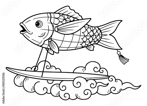 Koinobori Flying Koi Windsock Vector – Japanese Carp Streamer on Pole Above Clouds, Festive Children’s Day Decoration Line Art Illustration