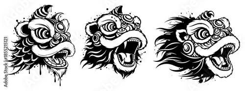 Lion Dance Head Set Vector – Three Expressive Chinese Guardian Masks with Flowing Mane, Festive Asian New Year Symbol Illustration