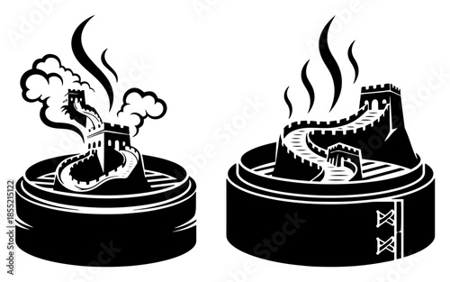 Great Wall Inside Bamboo Steamer Vector – Surreal Chinese Dim-Sum Scene with Rising Steam Hearts, Perfect for Culinary Travel Poster or Creative Fusion Design