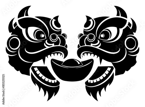 Twin Lion Dance Heads Holding Ingot Vector – Symmetrical Chinese Guardians with Gold Yuanbao, Prosperity Lunar New Year Emblem Illustration