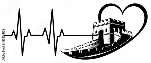 Great Wall Heartbeat Vector – ECG Pulse Transforms into Iconic Chinese Landmark and Heart Shape, Romantic Travel & Health Concept Illustration