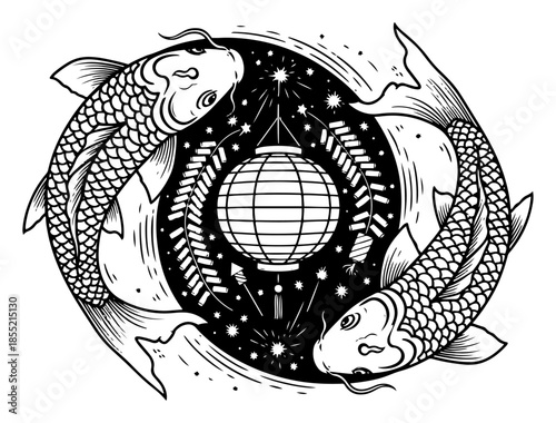 Koi Fish Circle with Lantern Vector – Yin Yang Style Twin Carps Swimming Around Paper Lamp in Night Sky, Detailed Japanese Zen Design