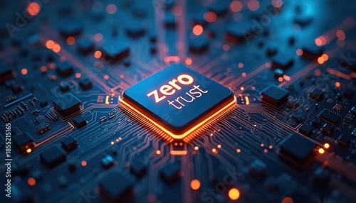 Digital circuit board with glowing central processor showing zero trust text concept. Secure network technology and data protection symbol, intricate pathways and components glow.