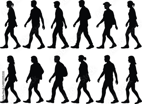 Silhouettes of people walking in various styles Vector