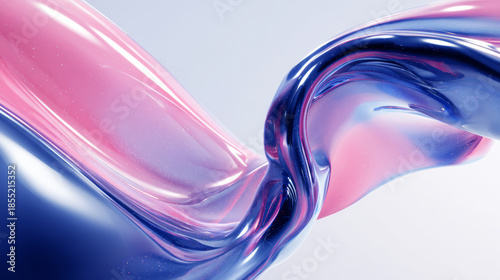 Smooth organic liquid blob with blended light pink and electric blue gradient, featuring high gloss and iridescent oil reflections floating in white space.