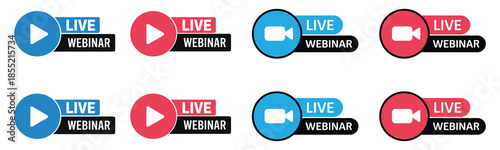 Live webinar play and camera icon badges for online streaming events and virtual broadcasts