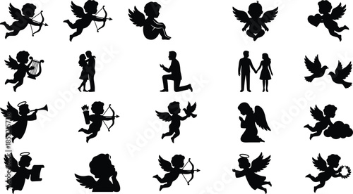 Set of cupid and lovers silhouettes. Vector black angel with wings, romantic couple proposing, and wedding icons for valentine card.