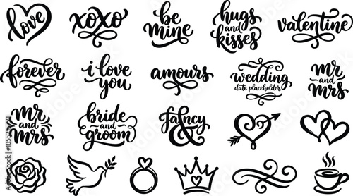 Set of hand lettering love quotes. Vector black calligraphy phrases including be mine, forever, and bride groom for wedding design.