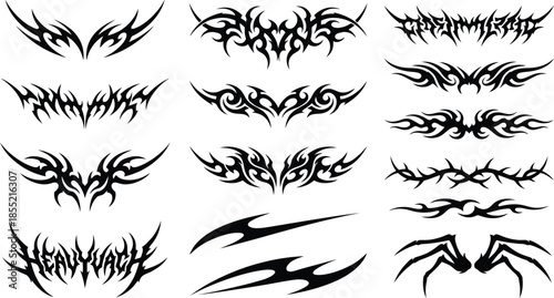 Collection of tribal wing and flame tattoos. Vector black symmetrical ornaments and lower back designs for y2k style.