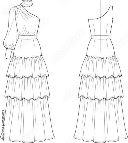 Elegant one-shoulder tiered evening gown Vector