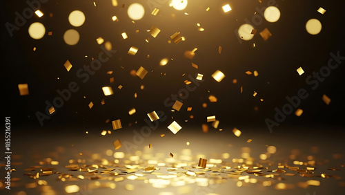 Golden confetti falling on dark background with bokeh lights