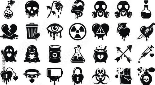 Collection of dripping toxic symbols. Liquid silhouette icons including biohazard, trash, knife, and sad face for grunge design.