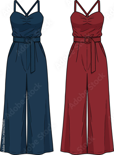 Elegant strappy jumpsuits in navy and burgundy Vector