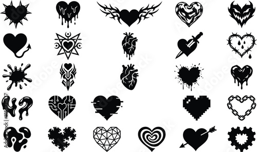 Collection of glitch and pixel heart icons. Vector black geometric, tech, and mechanical love symbols for modern design.
