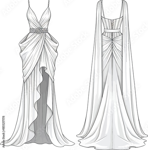 Elegant evening gown with sheer overlay and belted waist Vector