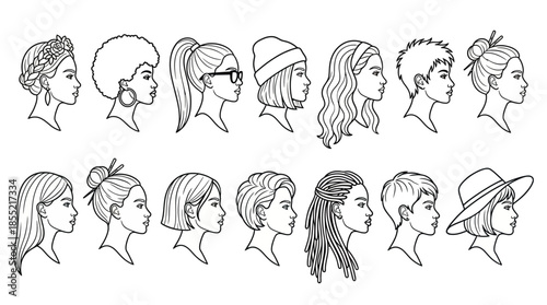 Vector Female Hairstyle Profile Set – Black Line Art Portraits Featuring Diverse Haircuts, Accessories, and Fashion Silhouettes for Beauty and Character Design Themes