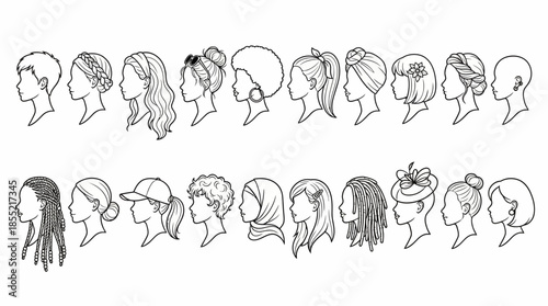 Vector Female Hairstyle Profile Set – Black Line Art Portraits Featuring Diverse Haircuts, Accessories, and Fashion Silhouettes for Beauty and Character Design Themes