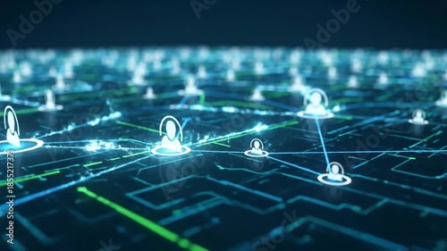 Digital social network animation showing data flow and human connectivity