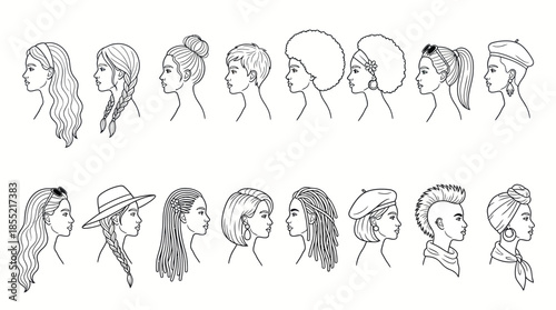 Vector Female Hairstyle Profile Set – Black Line Art Portraits Featuring Diverse Haircuts, Accessories, and Fashion Silhouettes for Beauty and Character Design Themes