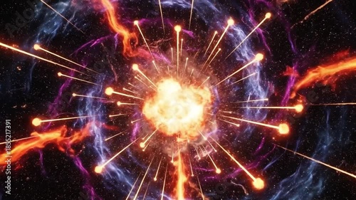 Particle cloud explosion, abstract fiery trails, swirling cosmic energy