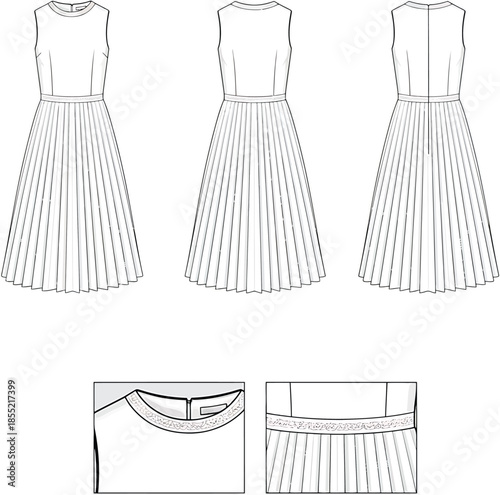 Classic pleated dress sewing pattern Vector