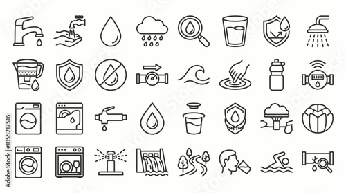 Vector Water Conservation Icon Set – Black Line Art Symbols for Hygiene, Usage Restrictions, and Environmental Awareness Design Themes