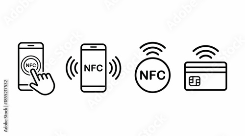 Vector NFC Technology Icon Set – 4 Black Line Art Symbols for Contactless Payment, Wireless Communication, and Mobile Interaction Design Themes