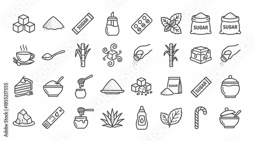 Vector Sweetener Icon Set –  Black Line Art Symbols for Sugar, Natural Alternatives, and Culinary Usage in Nutrition and Food Design Themes