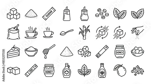 Vector Sweetener Icon Set –  Black Line Art Symbols for Sugar, Natural Alternatives, and Culinary Usage in Nutrition and Food Design Themes