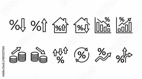 Vector Interest Rate Icon Set – Black Line Art Symbols for Financial Trends, Investment Growth, and Economic Indicators in Business Design Themes