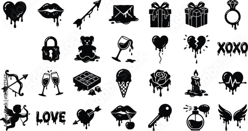 Collection of dripping romantic symbols. Liquid silhouette icons including lips, teddy bear, and champagne for valentine day.