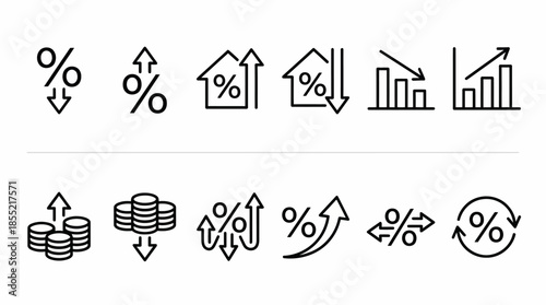Vector Interest Rate Icon Set – Black Line Art Symbols for Financial Trends, Investment Growth, and Economic Indicators in Business Design Themes