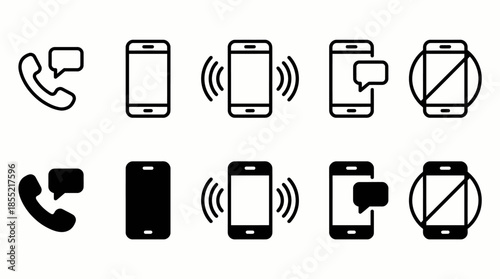 Vector Mobile Status Icon Set –  Black Line Art Symbols for Call, Message, Vibration, and Access Restriction in UI Design Themes