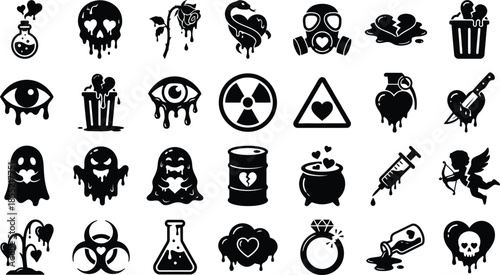 Set of melting gothic and horror icons. Vector black skull, rose, snake, and gas mask symbols with dripping liquid effect.