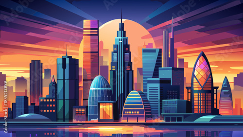 Very beautiful sunset scene behind modern skyscrapers of the London skyline, with glowing skies and silhouettes reflecting the dynamic and contemporary character of the city.