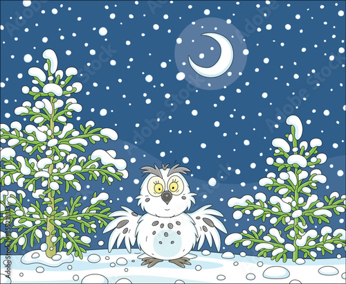 Funny white polar owl with spread wings in a snow-covered forest glade among snowy firs on a winter moonlit night, vector cartoon illustration