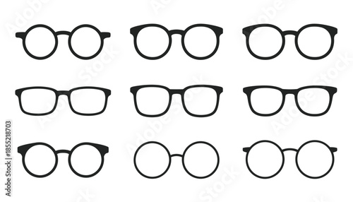 Line art glasses icon set, stylish eyewear including sunglasses, spectacles, and optical frames, vector collection for fashion design