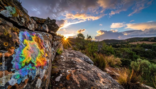 Rainbow Oil Slick on Rock at Sunset