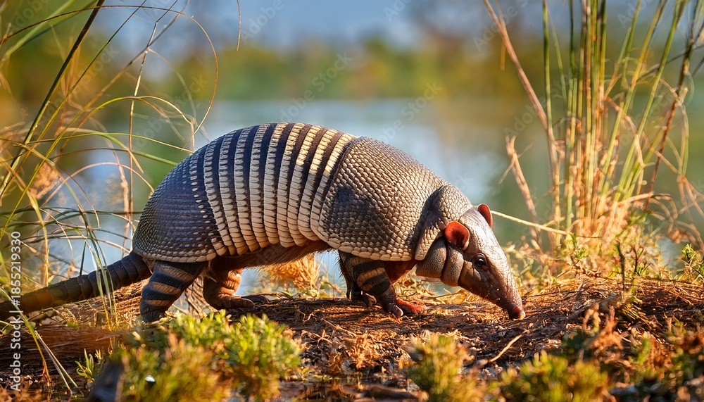 Obraz premium Nine Banded Armadillo Feeds In Florida Wetland