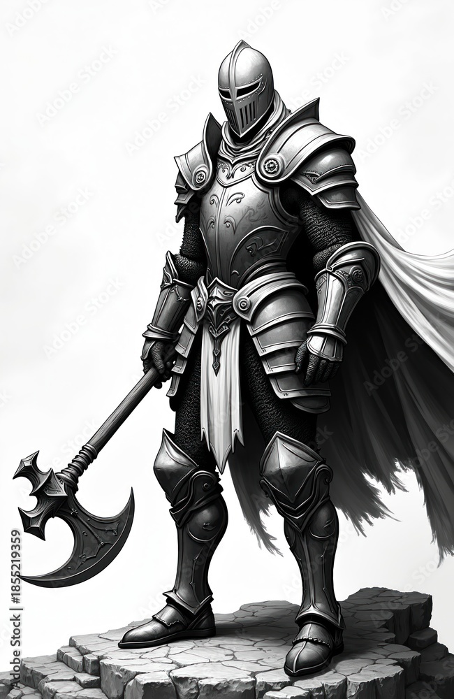 Obraz premium Full body view of armored medieval warrior with ornate battle axe. Fantasy figure stands on rocky ground, wearing full suit of metal armor, chainmail, flowing cape. Illustration style resembles