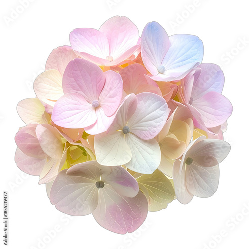 A cluster of pastel-colored hydrangea florets isolated on a black background.