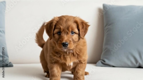 Adorable puppy sitting on cozy living room couch looking at camera.