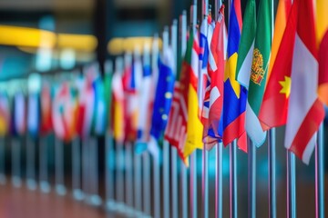 International flags displayed prominently in a modern building setting during a global event