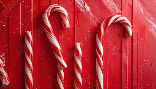 Red And White Candy Canes On Red Wooden Background